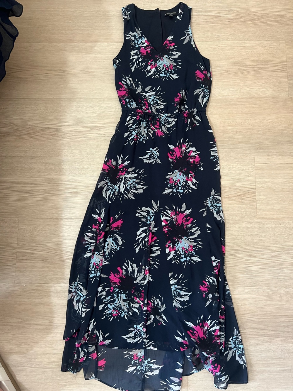 Banana Republic Black Floral Maxi Dress with Pink and White Accents